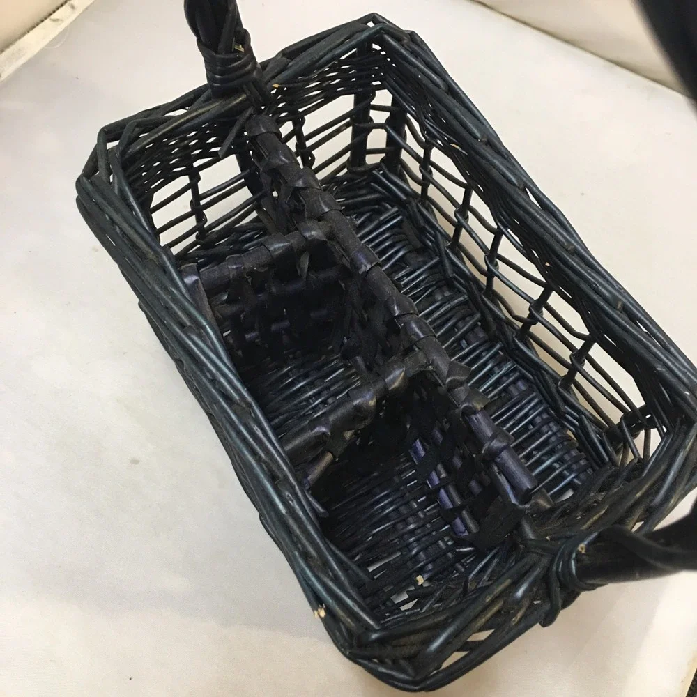 Woven Wicker Utensil Caddy Basket Unisex OS Navy Blue Divided Handle Picnic